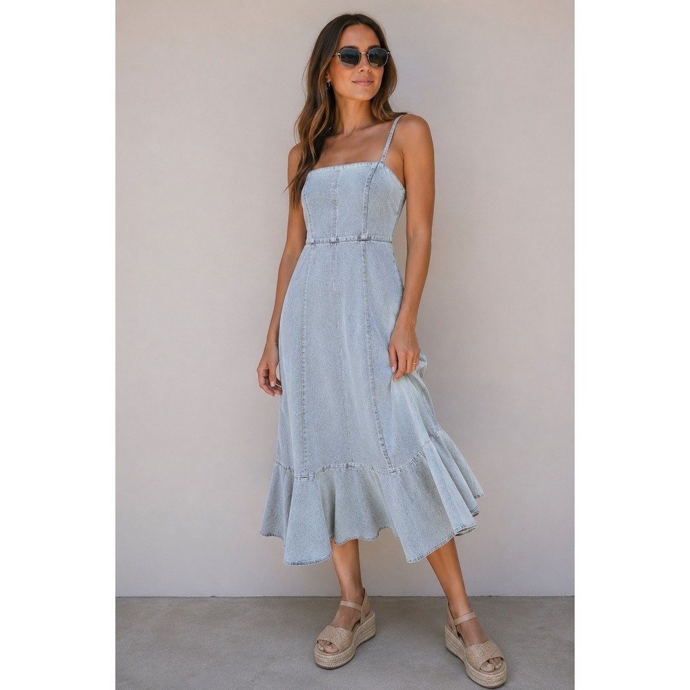 Mika & Gala Denim Maxi Dress NWT Size S Selfie Leslie Blue Jean Adjustable Strap